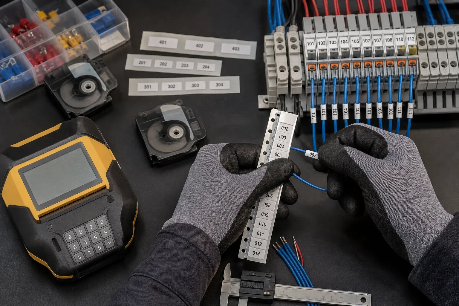 A technician applying numbered wire markers from an ordered strip beside terminal blocks and an industrial label printer