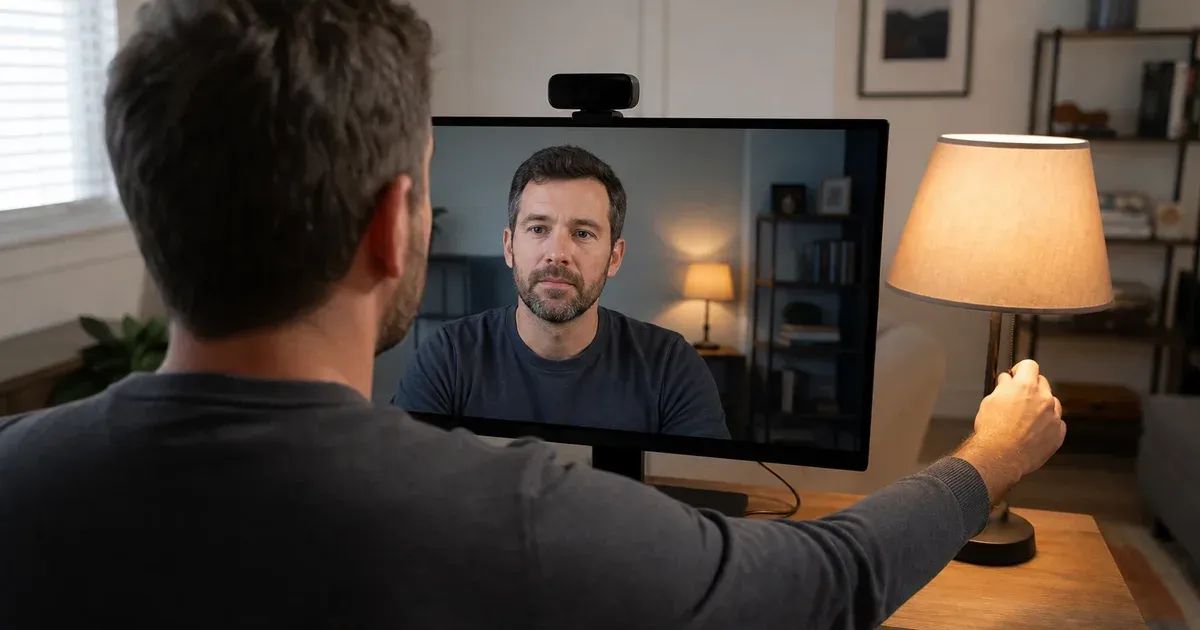 A person checks their webcam preview while reaching to switch off a warm lamp visible behind them