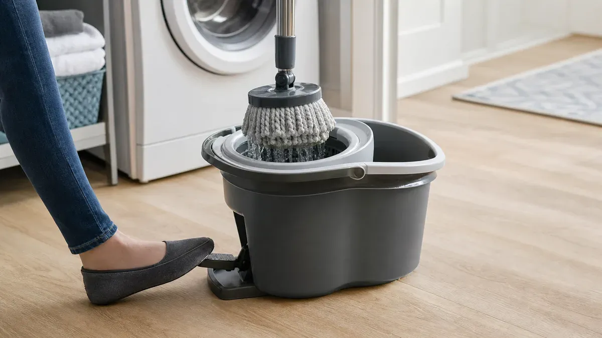 A foot operating the pedal of a spin-mop bucket while a microfiber mop head is wrung out