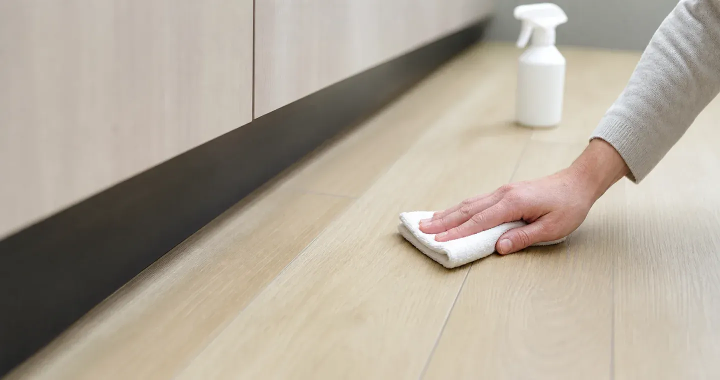 A hand using a folded white microfiber cloth to spot-test cleaner beside the concealed edge of an LVP floor