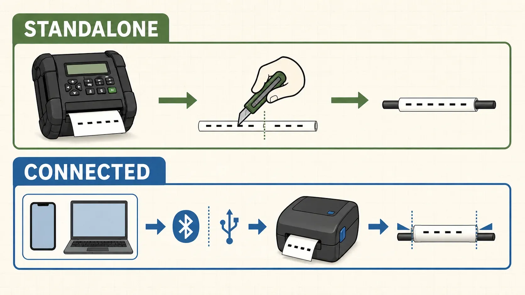 Two workflow diagrams comparing a standalone keypad label printer with a connected printer driven by a phone or computer