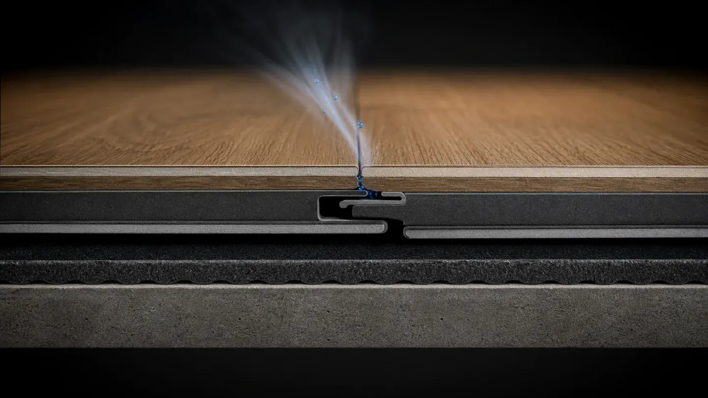 A premium cutaway visualization of an LVP locking seam with vapor and tiny moisture beads approaching the joint