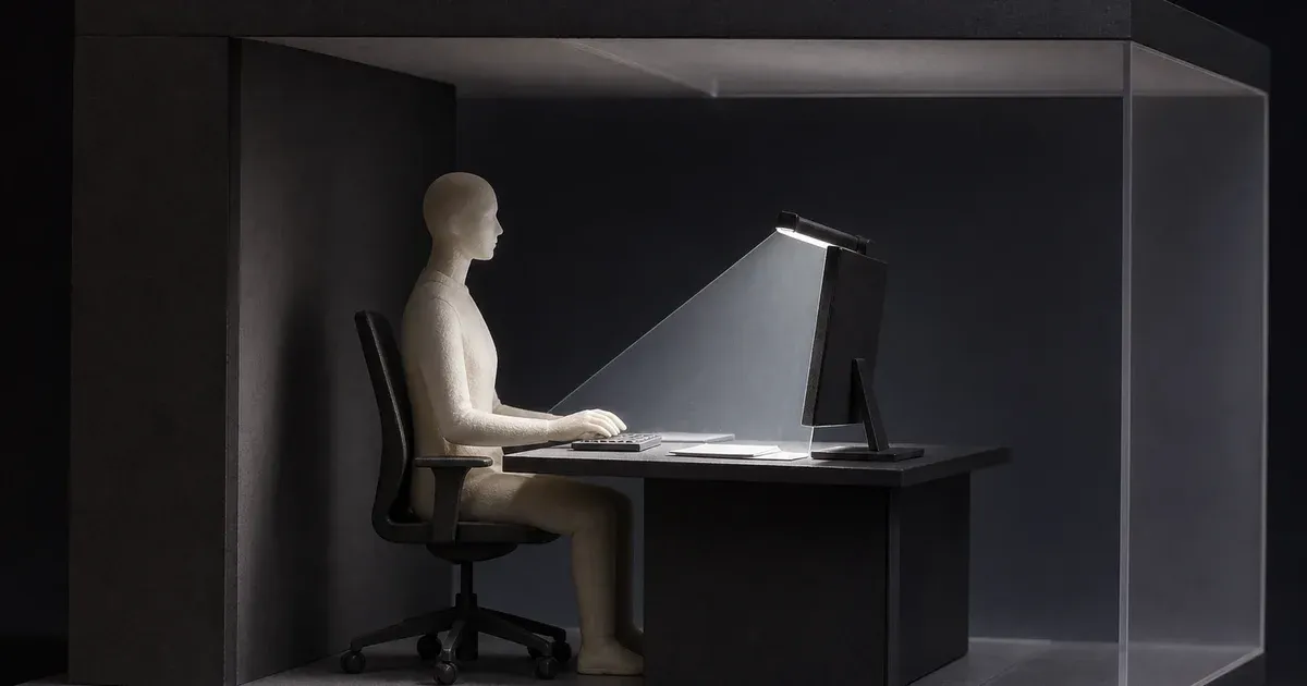 Side-view model of a monitor task light directing its beam down onto the keyboard while the user's face remains outside it