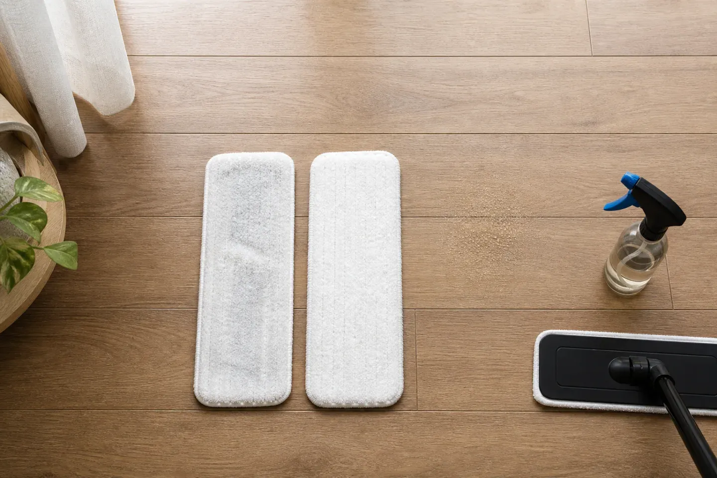 Two white microfiber pads and a controlled cleaner spray arranged on luxury vinyl plank flooring