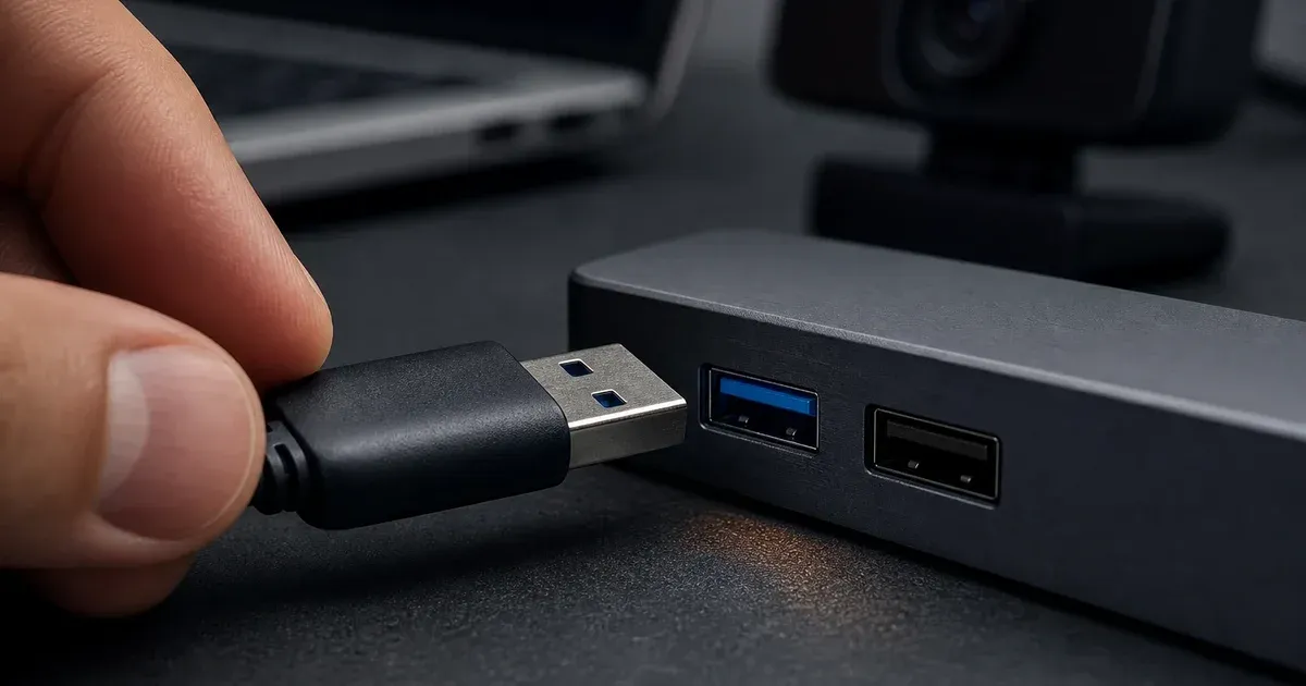 A hand aligning a USB Type-A webcam cable with a blue USB 3 port on a docking station