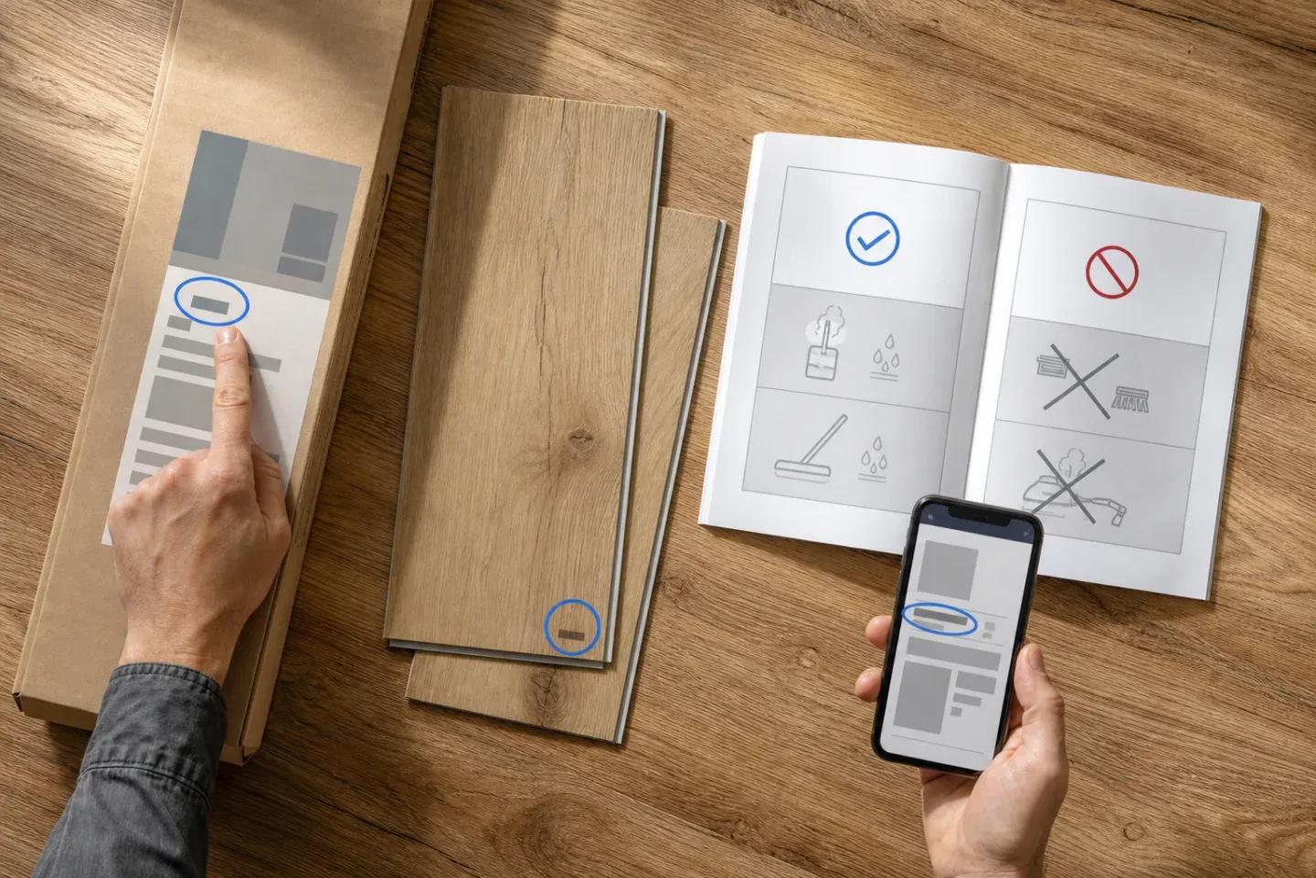 Hands matching an LVP carton identifier and plank sample to a care manual and product document on a phone