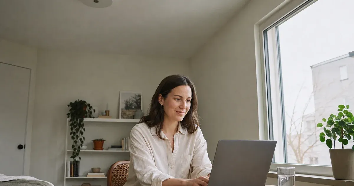 A video caller facing soft daylight from a nearby window while the ceiling fixture remains switched off